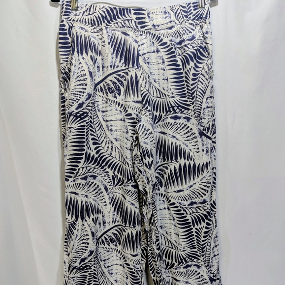 Tahari 100% Linen Blue Leaf Print Wide Leg Pants with Pockets Elastic Waist S - Picture 1 of 4